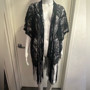 Lace and fringe kimono cover up